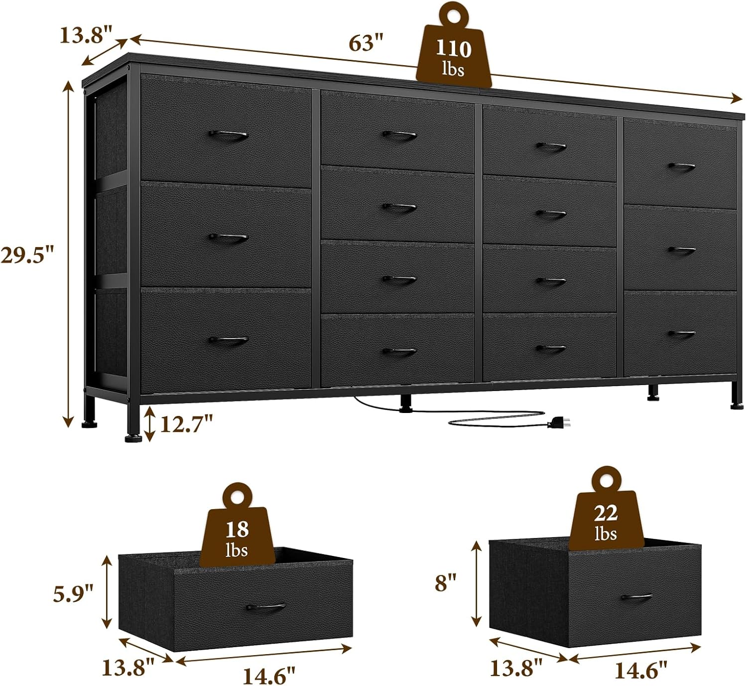 14 Drawer Dresser, 63 Inch Black Fabric Dresser TV Stand with Power Outlet for 65 70 75 Inch TV, Long Entertainment Center for Bedroom, Closet, Living Room, Entryway