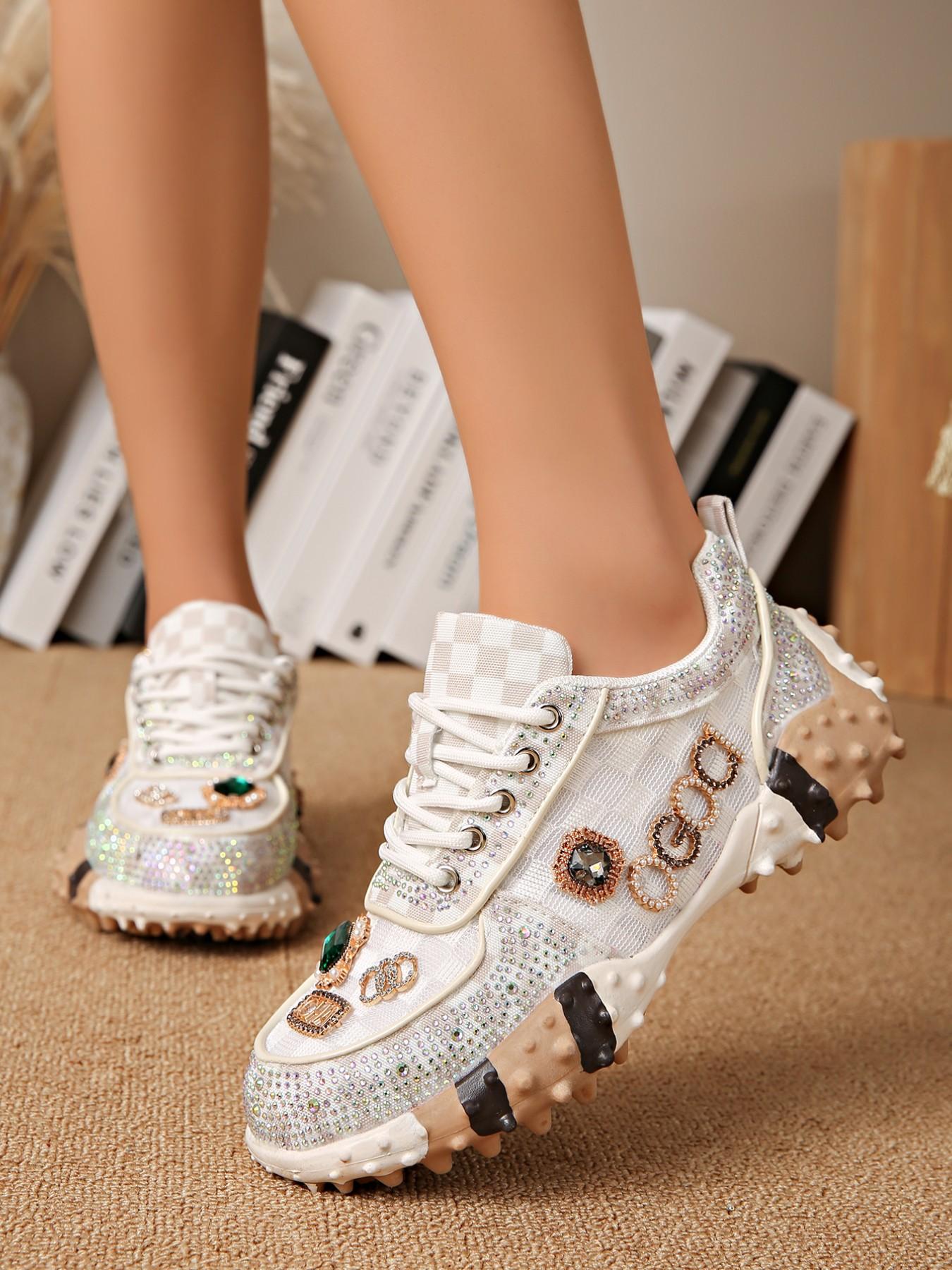 Women's Thick Sole Height Increasing Dad Shoes, Handmade Embellished Fashion Luxury Casual Women's Shoes, Unique Design Comfortable Sneakers