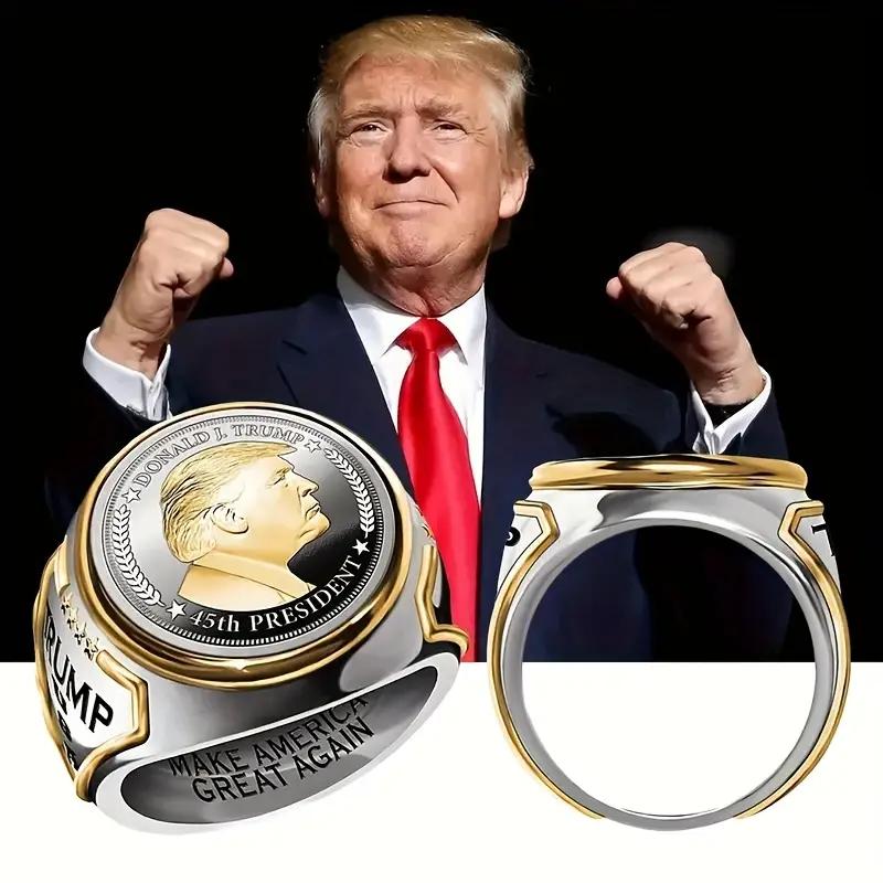 Trump President Ring - Vintage Two-Tone Zinc Alloy Men's Ring Featuring Portrait of US President and Inspiring Quotes engagementrings promise rings wedding ring set nugget ring engagement ring Custom Jewelry