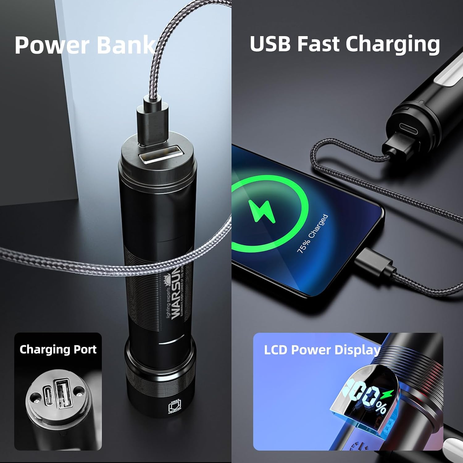 WARSUN LED Flashlight, Magnetic Flashlight Super Bright, Tactical Flashlight with Cob Sidelight,1200LM, 5 Modes, High Powered Zoomable Small Flashlight for Camping, Emergency, Home, Outdoor emergency