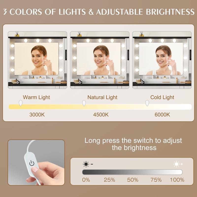 Aowos Farmhouse Vanity, Makeup Vanity Desk with HD Mirror and Light, with Drawers & Adjustable Cabinets, Glass Top Vanity with Charging Station, Modern Vanity Table with Shelves, Christmas Gift for Woman & Girls, Present for Yourself