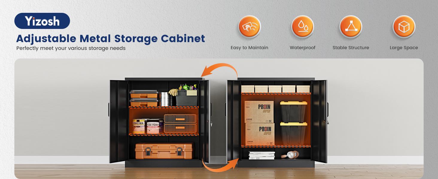 Yizosh Metal Storage Cabinet with 2 Adjustable Shelves, Steel Counter Cabinet with Lockable Doors for Home Office (Black)