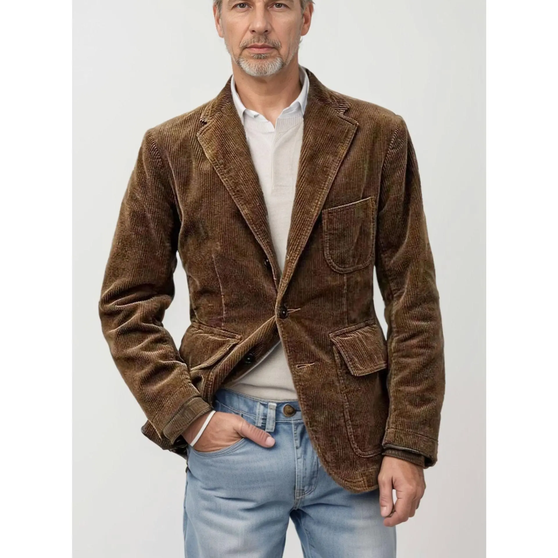 Men's Corduroy Blazer Vintage Casual Suit Jacket Lightweight Brown Sport Coat with Flap Pockets for Fall Winter