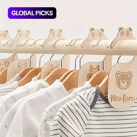 Wooden Clothes Divider Tags, Hangers, 7-Piece Set for Newborns 0-24 Months, Universal Wooden Wardrobe Organizer, Basswood Material #GLOBAL PICKS