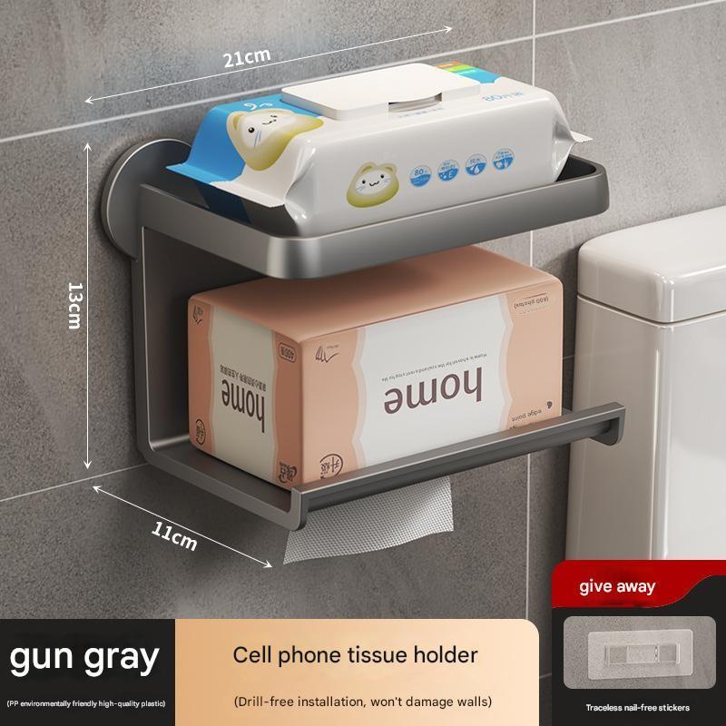 Wall-Mounted Toilet Paper Holder, No-Drill Design, Bathroom Roll Dispenser, Space-Saving Organizer, Easy Install, Durable Material