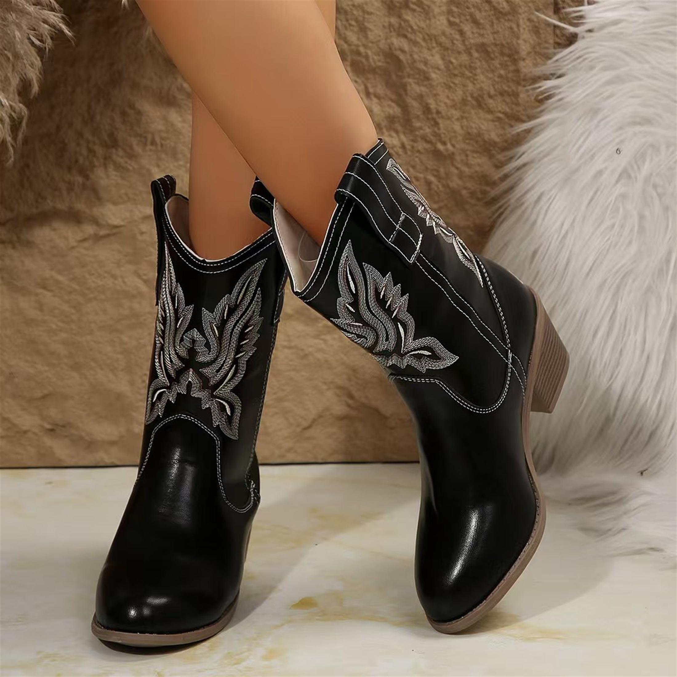 Cowboy Boots for Women, Mid Calf Cowgirl Boots with Embroidery Round Toe Western Chunky Low Heel Shoes Cowboy Boots for Women, Mid Calf Cowgirl Boots with Embroidery Round Toe Western Chunky Low Heel Shoes