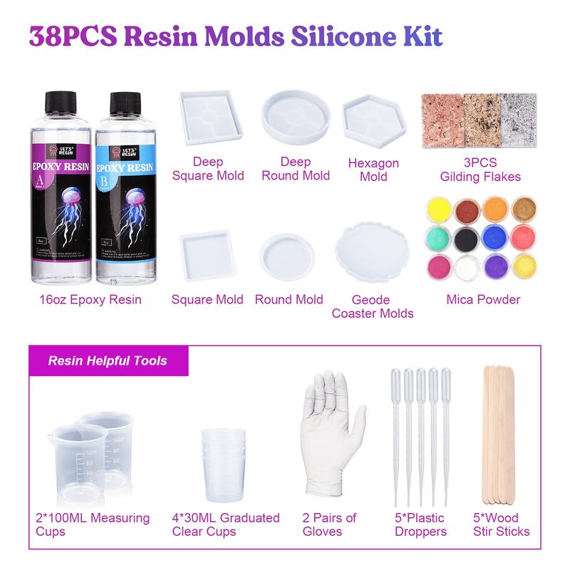 16OZ Resin Molds Silicone Kit Complete Set Bundle with Sphere, Christmas Gifts, Pyramid Molds, Resin Epoxy Starter Kit & Coaster Molds Kit for Beginners, DIY Gift Crafts,Mica Powder - LET’S Resin