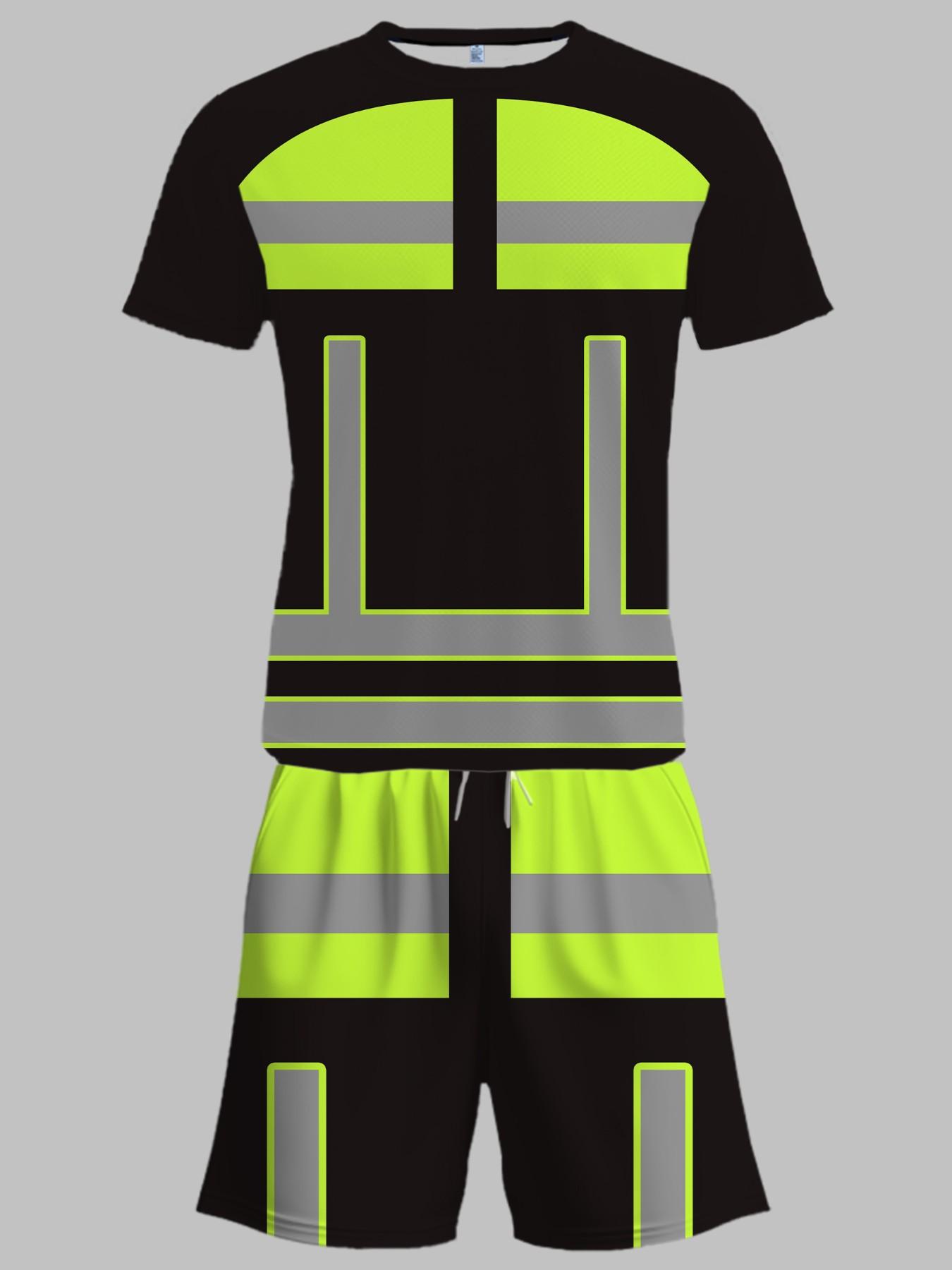 Reflective Safety Workwear Set for Men, Summer Fluorescent Short Sleeve Shorts Two-Piece Kit, Pocket Drawstring Waist, Ideal Gift