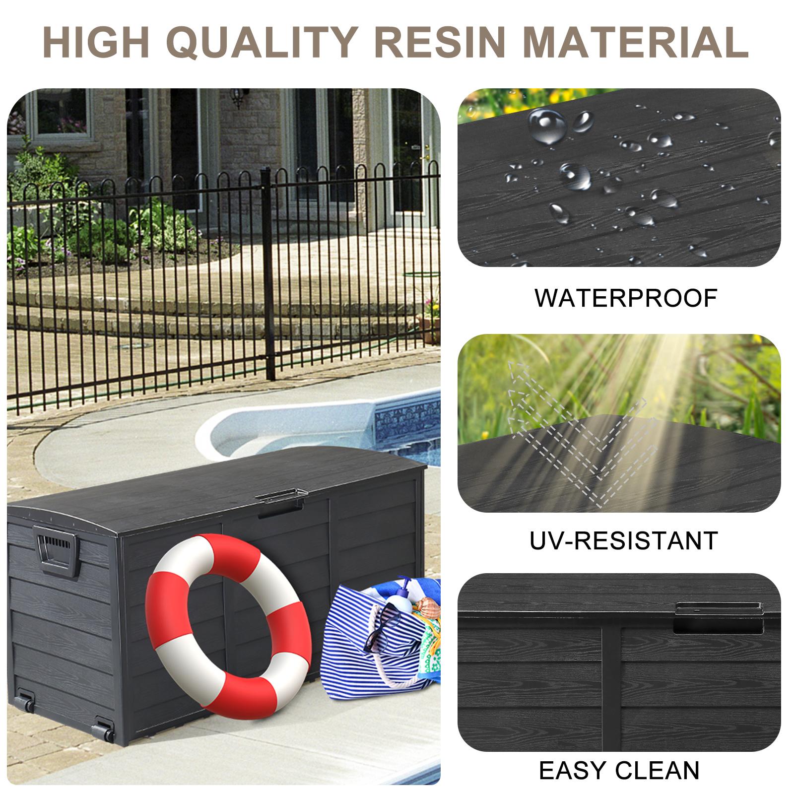 75 Gallon Outdoor Storage Box, Weatherproof Wood-Look Deck Box with Wheels, Lockable Black Garden Chest for Patio Cushions & Tools