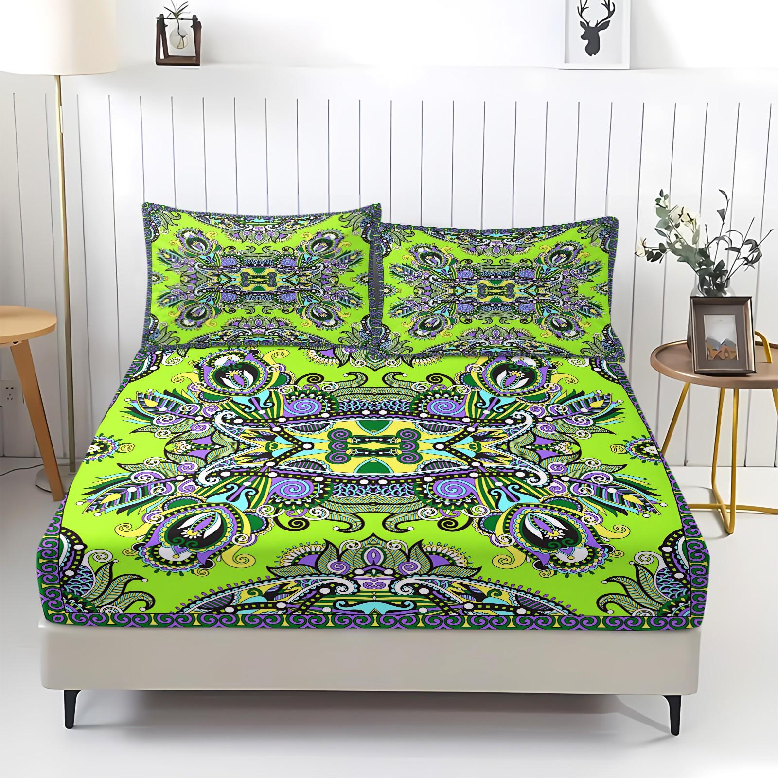 3Pcs Boho Paisley Printed Fitted Sheet Set, Vibrant Ethnic Style Bedding Set, Ultra-Soft Breathable Microfiber Bed Sheet Set, Deep Pocket All-Season Bed Linen, Ideal for Bedroom, Guest Room, Dorm Decor, Home Use