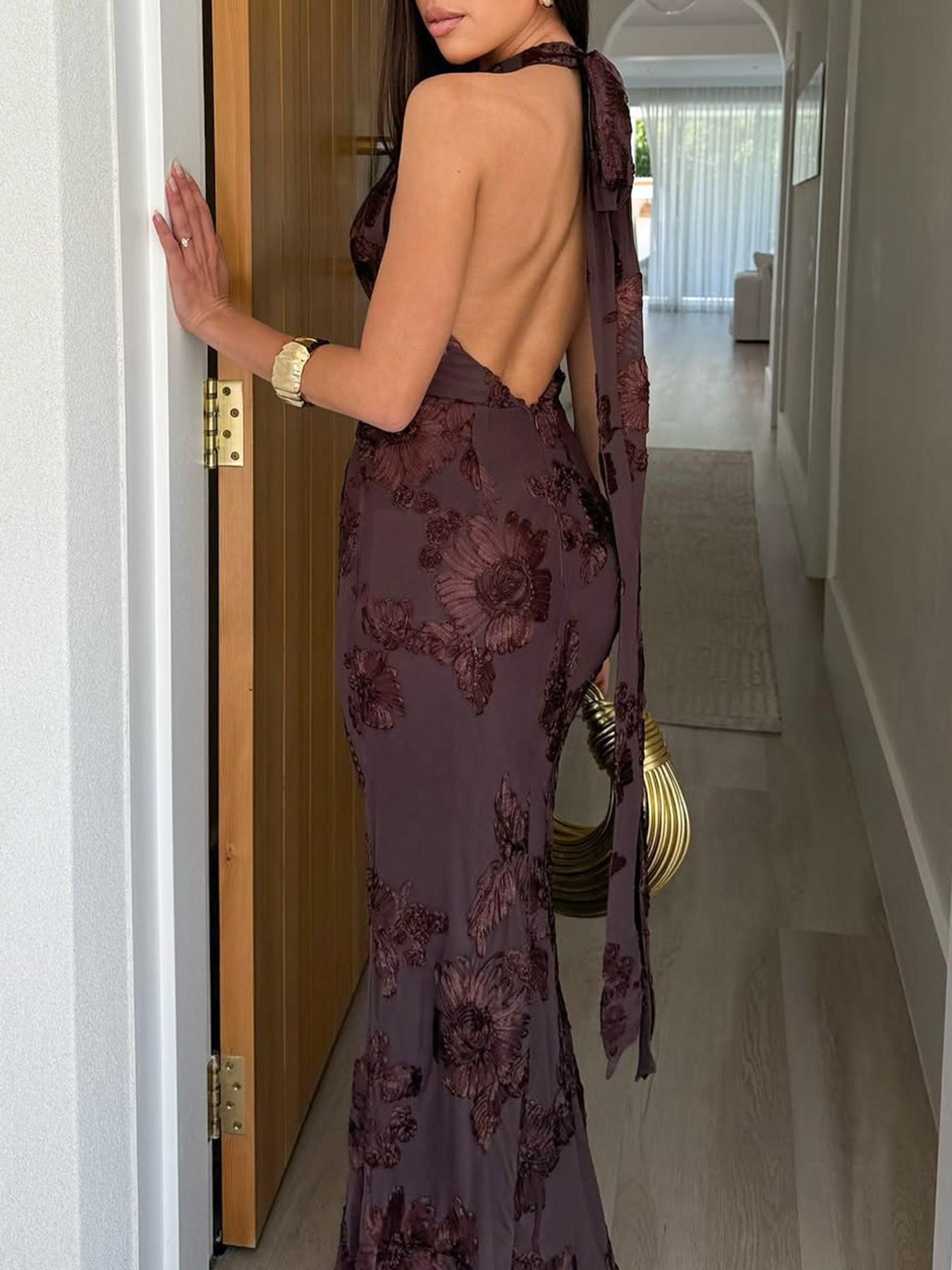 Elegant V-Neck Sleeveless Backless Dress with Floral Embellishments, Slim-Fitting Evening Gown for Dates & Formal Events, Long Party Dress