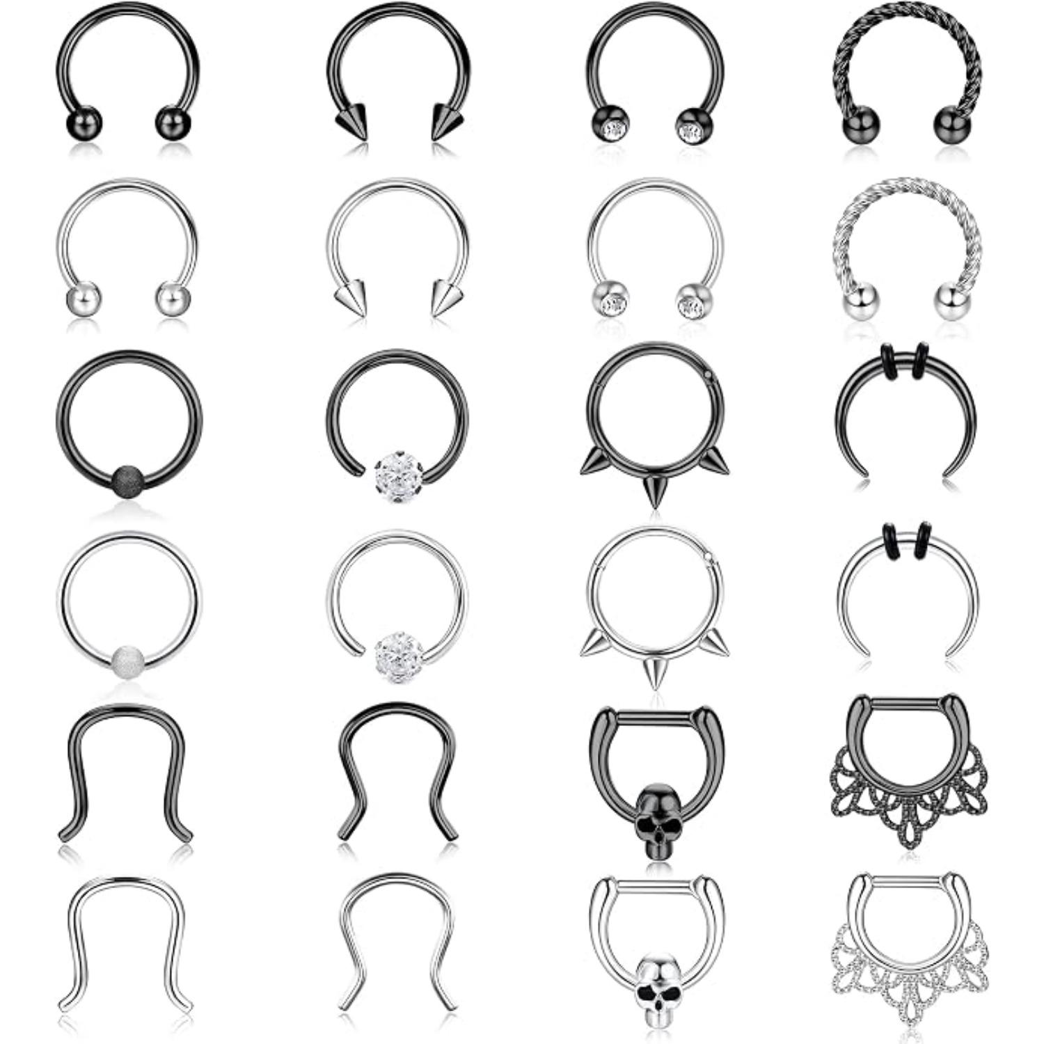24PCS 16G Hypoallergenic Surgical Steel Septum Clicker Hoops Bundle Unisex, 8mm & 10mm CZ Inlaid Horseshoe Multi-Wear Piercing Jewelry, Nose Rings Set Lip Helix Daith Cartilage Rings