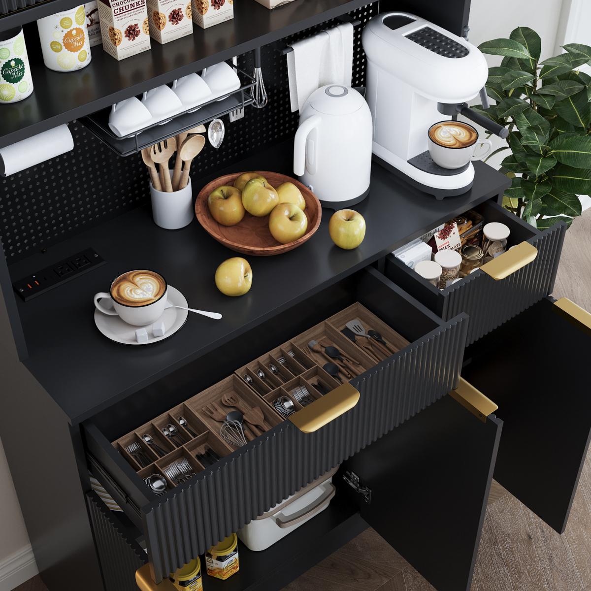 Aobtkel 73" Rectangular MDF Wood Fluted Texture Kitchen Pantry Cabinet - Single Unit with Storage, Charging Hub Station, DIY Pegboard Includes Kits, Anti-Tip Base for Living Room Microwave Stand Hutch, Black, Pantry Organization