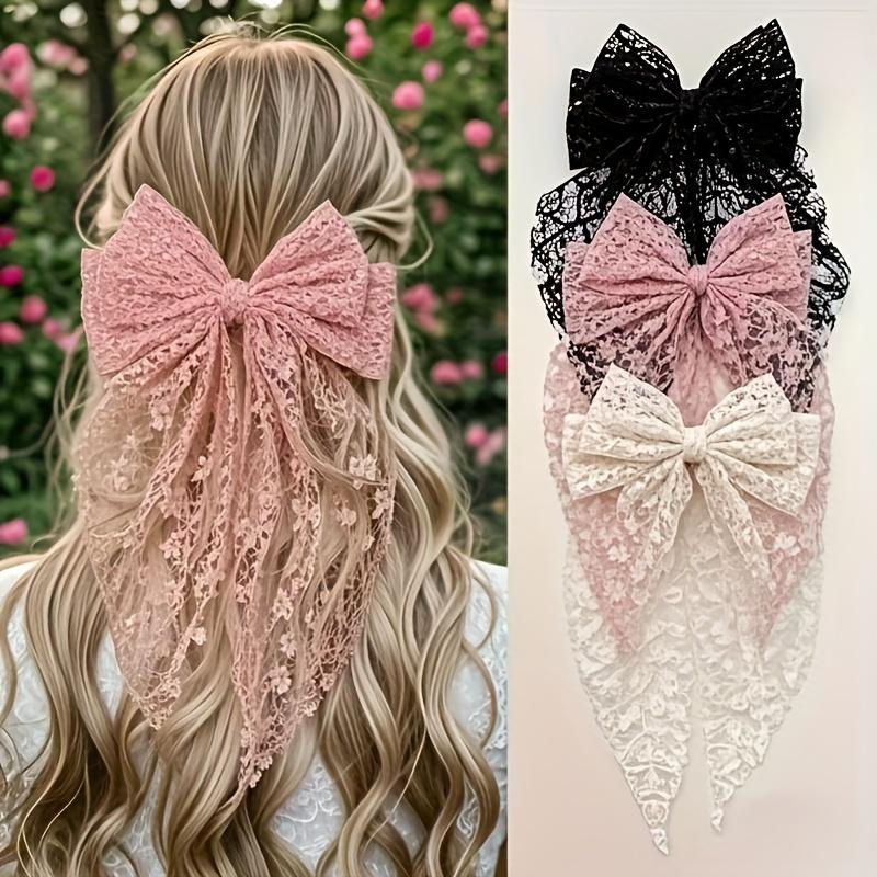 SpringStatements 3-Pack Lace Bow Hair Clips for Women Elegant Ribbon Accessories in Black & Pink Durable Lightweight Hairpins for Everyday Wear Parties Weddings Valentine’s Day & Gift