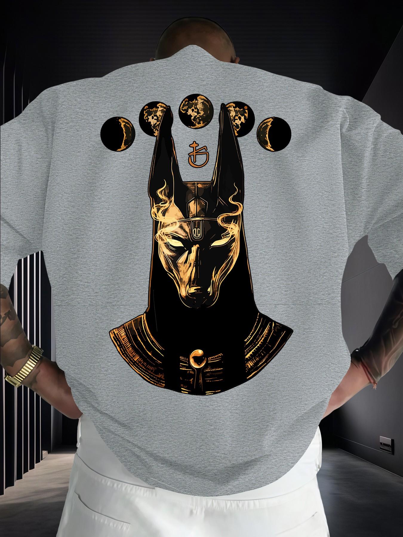 Anubis Moon Phase Egyptian Mythology Print Men's Fashion Short Sleeve Round Neck Casual Summer T-Shirt, Daily Wear