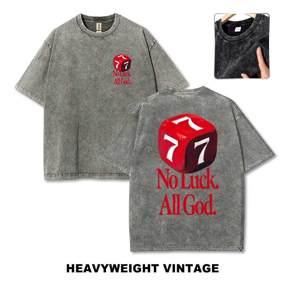 777 Dice Graphic T‑Shirt, No Luck All God Letter Print Streetwear Tee, Front&Back Vintage Oversized Casual Short Sleeve Top for Men Women