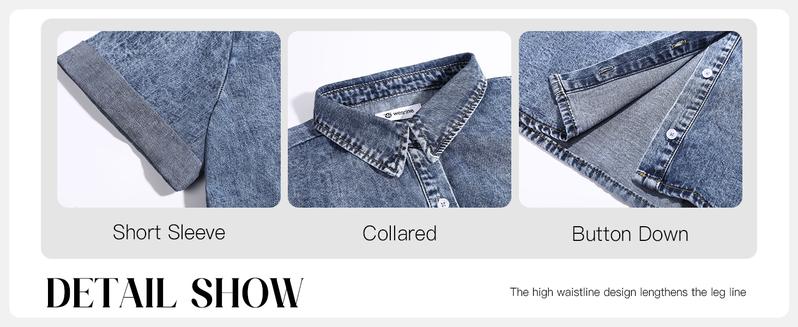 FMEYOA Womens Summer Denim Dress Button Down Short Sleeve Babydoll Dress Puff Sleeve Flowy Jean Dress