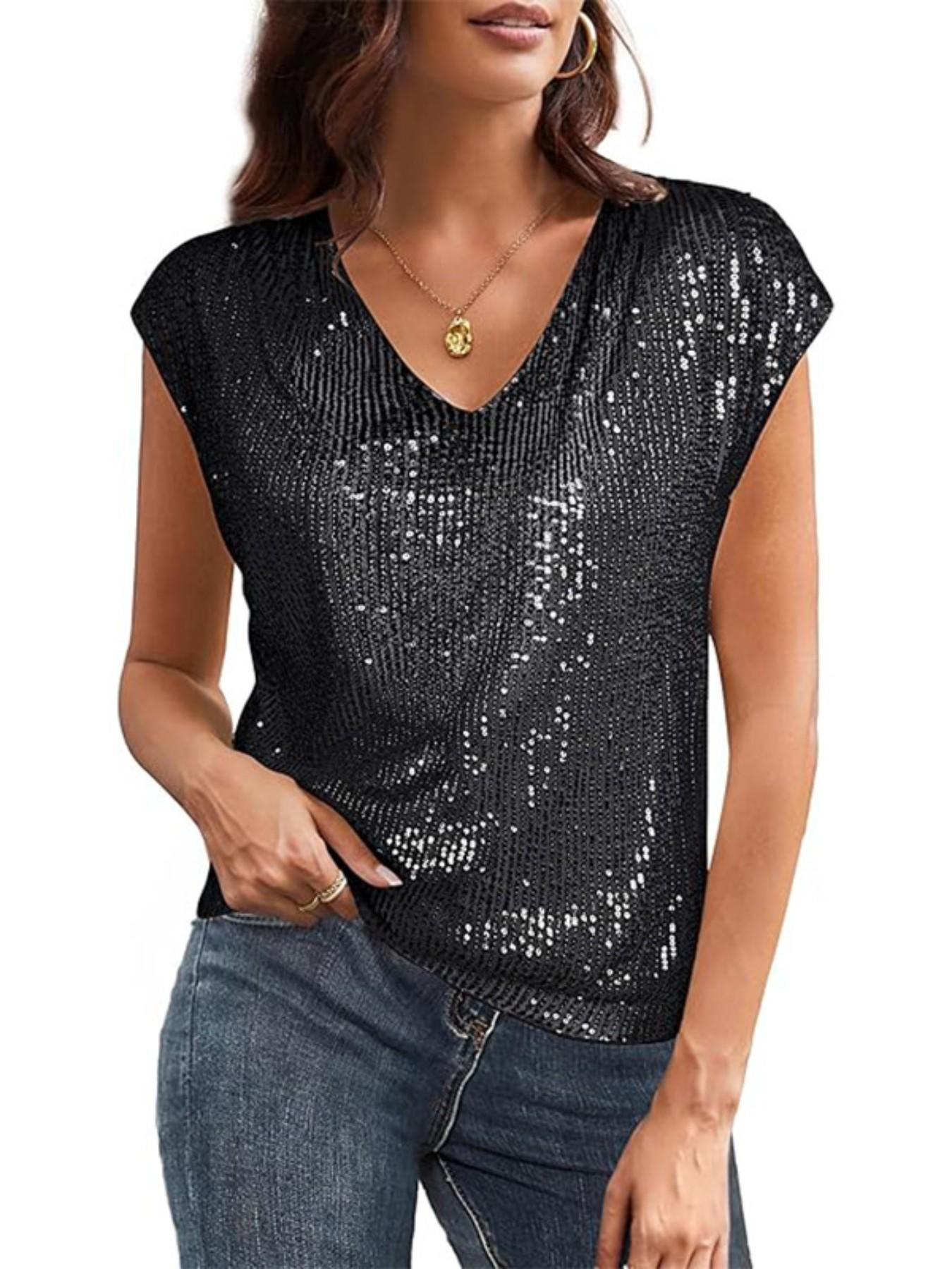 Women's V Neck Sequined Short Sleeve Top, Sparkling Backless Party Shirt, Stylish Casual Wear for Women, Perfect for Parties and Events
