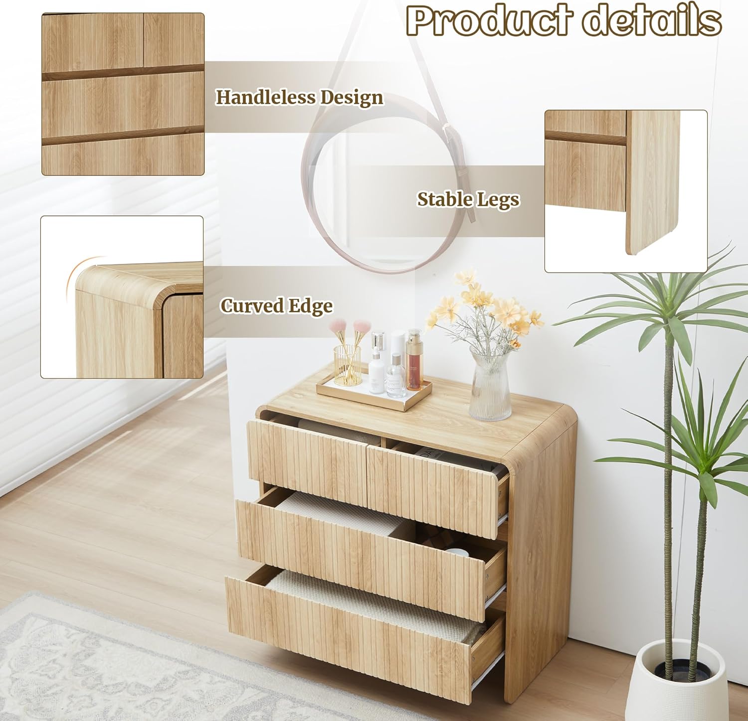 Giratree Fluted 4 Drawer Dresser for Bedroom Mid Century Modern Wide Chest of Drawer Curved Edge Wood Closet Dresser Nightstand with Storage for Bedroom Living Room Hallways Sideboard