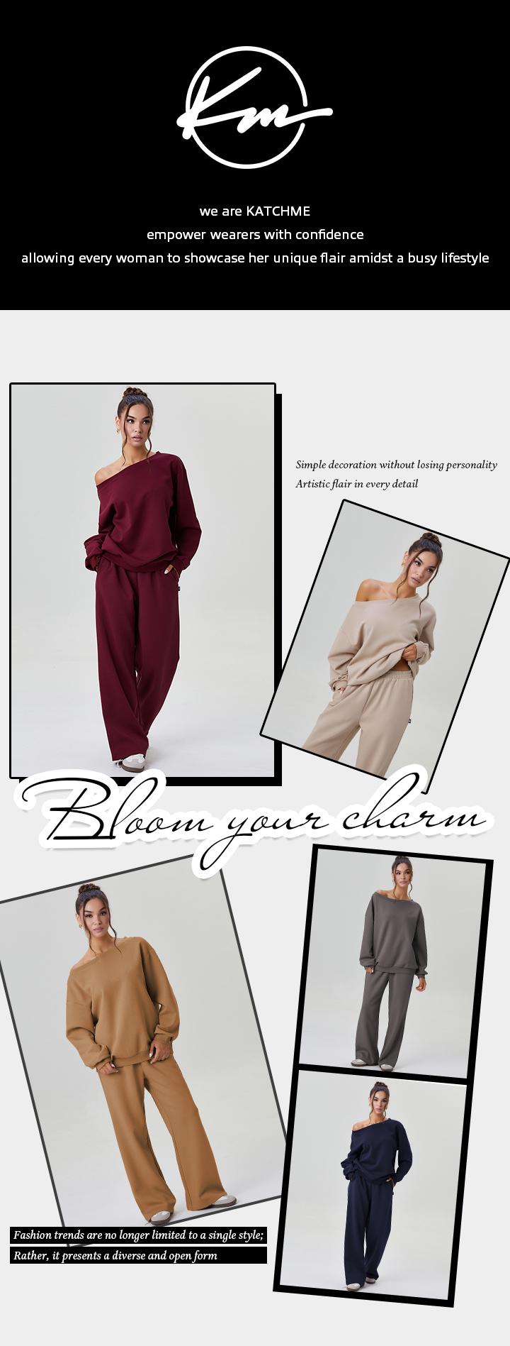 KatchMe Women's Leisure Solid Color Sloping Shoulder Long Sleeve Top & Wide Leg Trousers Co-ord Set & Separates, Cozy Scoop Neck Loose Outfits, Soft Womenswear KatchMe Women's Leisure Solid Color Sloping Shoulder Long Sleeve Top & Wide Leg Trousers Co-ord Set & Separates, Cozy Scoop Neck Loose Outfits, Soft Womenswear