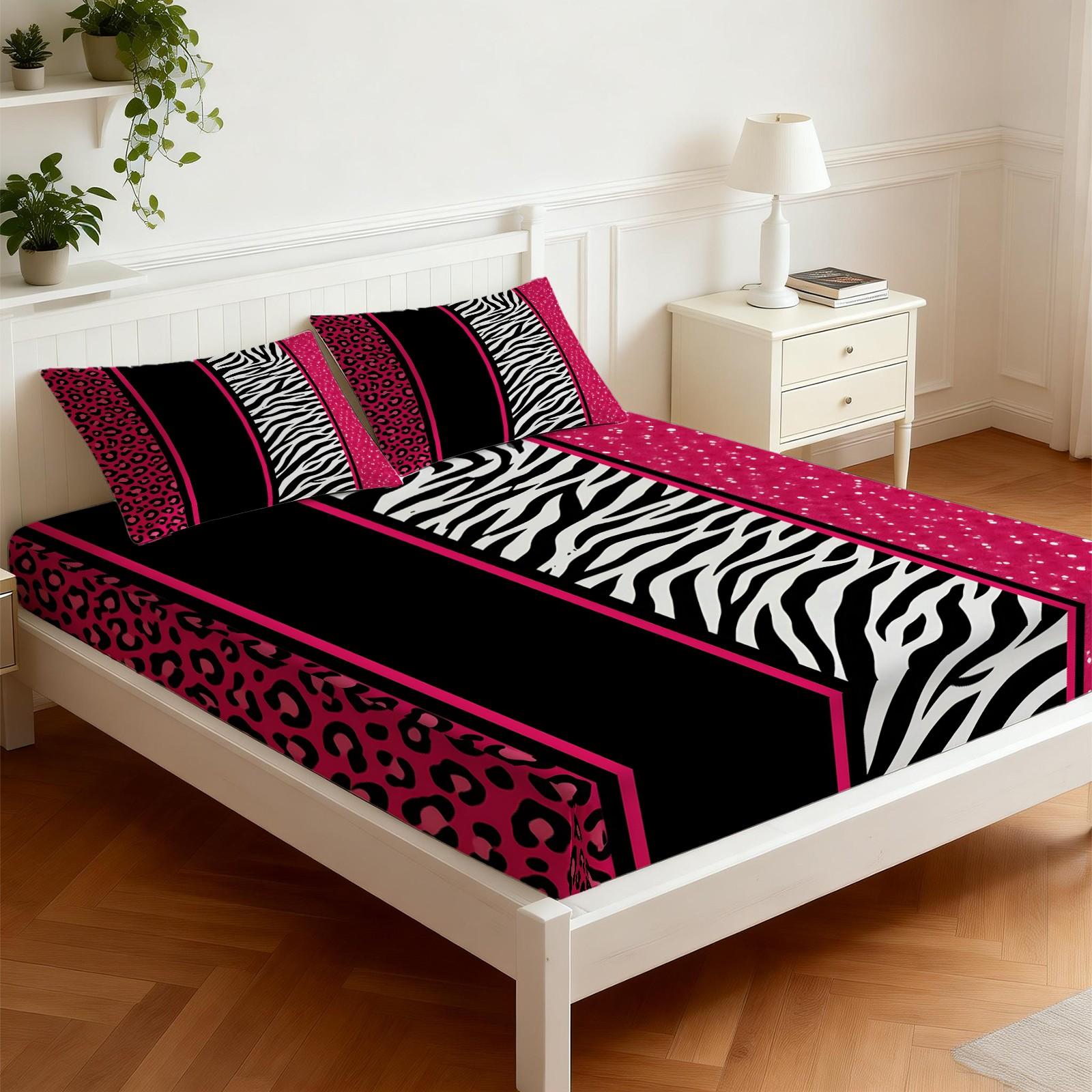 3Pcs Sweet Cool Leopard Zebra Print Fitted Sheet Set, Color Block Patchwork Print, Durable Wrinkle Resistant No Pilling, Perfect for Graduation Season Rental Room Personalized Bedroom Arrangement