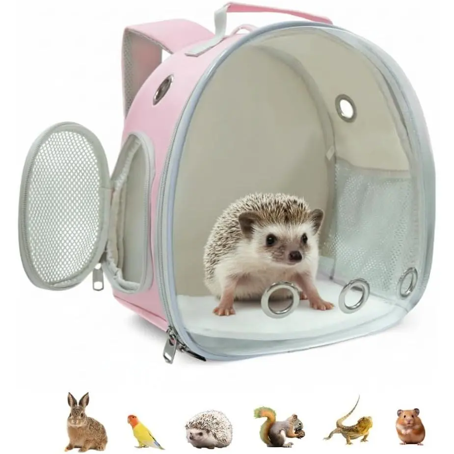 Small Animal Backpack Carrier - Transparent, Breathable Mesh Travel Bag for Guinea Pigs, Hedgehogs, Rabbits (Pink, Portable & Comfortable)