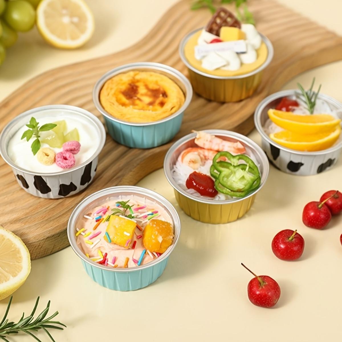 50 Set Disposable Foil Cupcake Cups with Lids, Baking and Pudding Containers for Cupcakes, Mousse Desserts, Cheese Pudding, Sauce Portions and Party Snacks, Lightweight and Practical, Available in 2 Colors