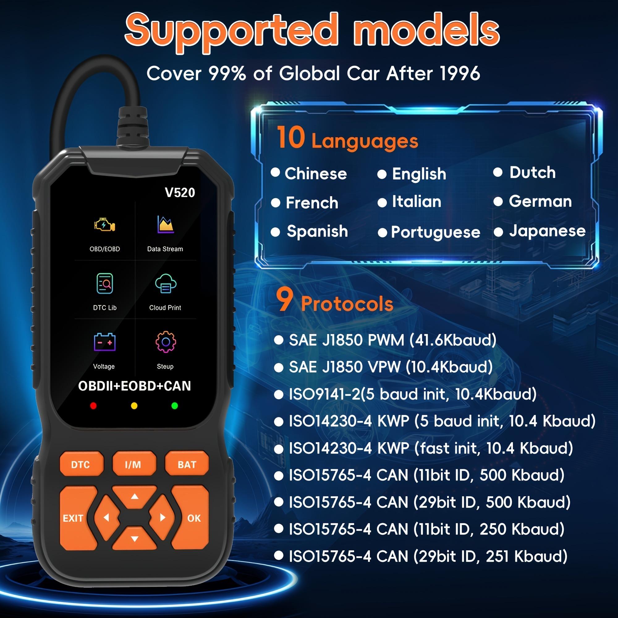 Professional Obd2 Diagnostic Scanner V520, Engine Fault Detector, Code Reader, Battery Tester, Automotive Scan Tool, Supports 10 Languages, Fits All Obd Ii Vehicles Since 1996
