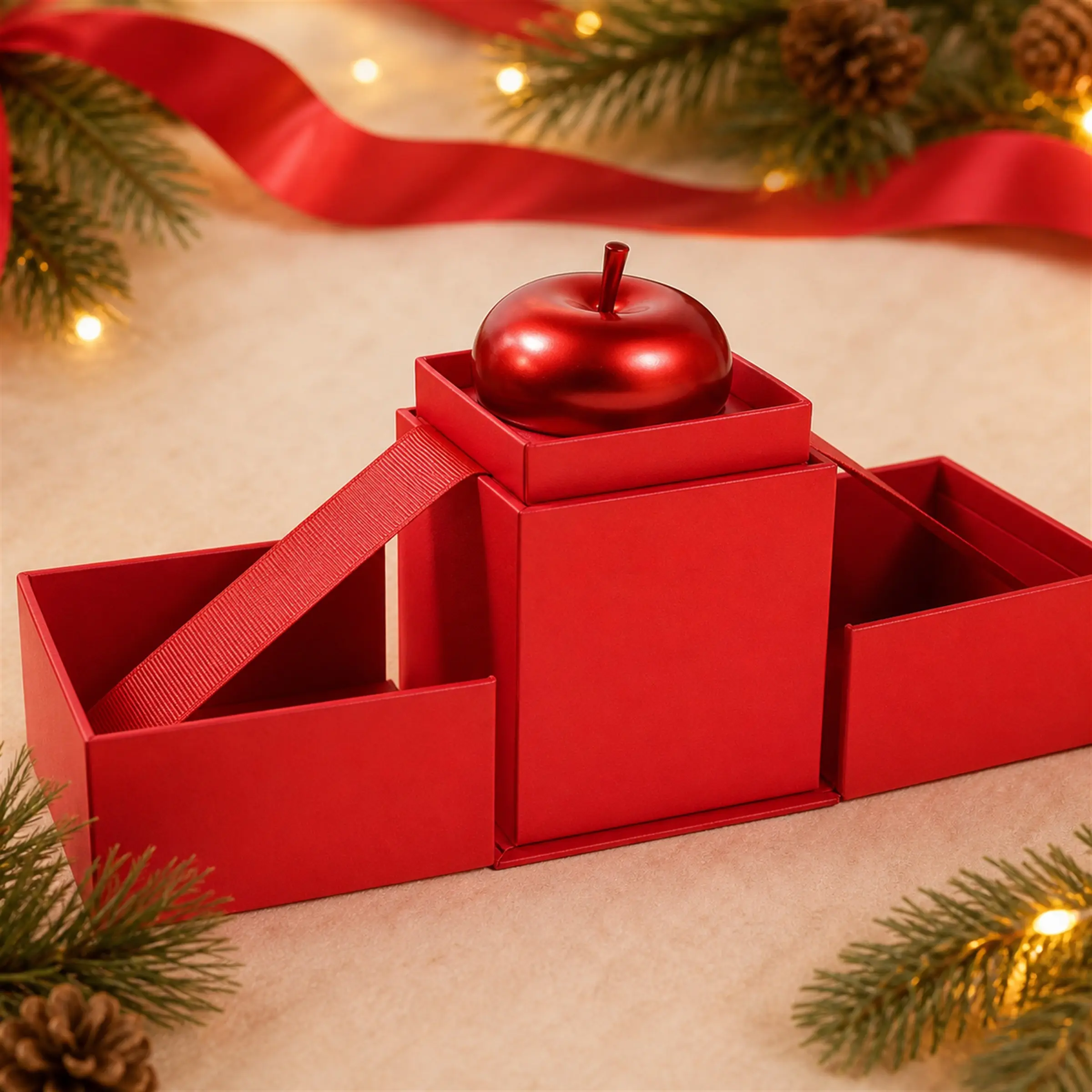 Elegant Adjustable Apple Gift Box, Christmas Decoration, Dual Open Surprise Design, Ring Jewelry Box, Holiday Gift Packaging