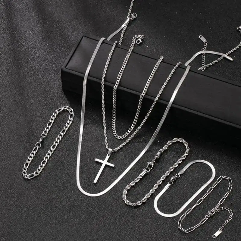8-Piece Men's Jewelry Accessory Set, Stainless Steel Hip Hop Streetwear with Cuban Necklace & Stackable Bracelets - Men's Accessories, Ideal Mens Gifts for Him, Chains Set, Mix‑Match Stacks