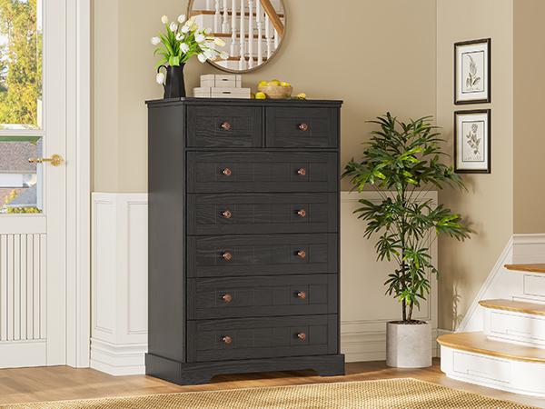 Hasuit | 51.4 Inch Tall Dresser Farmhouse 7 Drawers Dresser with Hand Carved Panel Dressers Chest of Drawers Large Wood Closet Storage Organizers