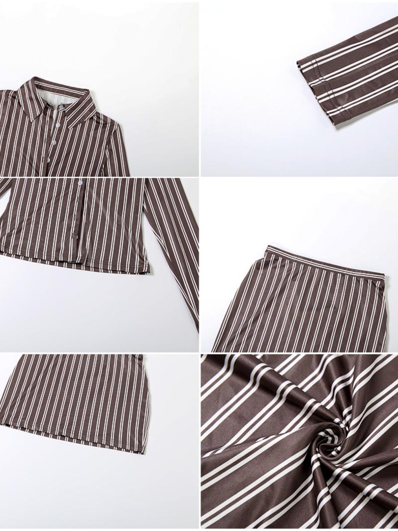 Women's Fashion Striped Pattern Two-piece Set, Sexy Long Sleeve Lapel Button Blouse & Bodycon Skirt Set for Spring & Fall