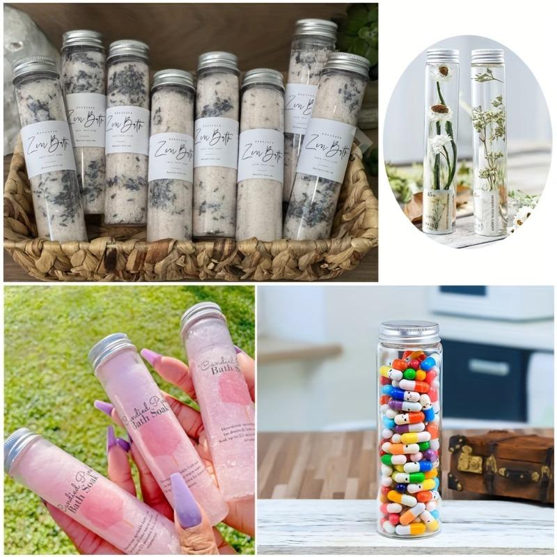 15pcs Plastic Test Tubes, Transparent Test Tube with Aluminum Screw Caps, Plastic Storage Tubes for Candy, Bath Salt, Granules and Liquids, Bottles
