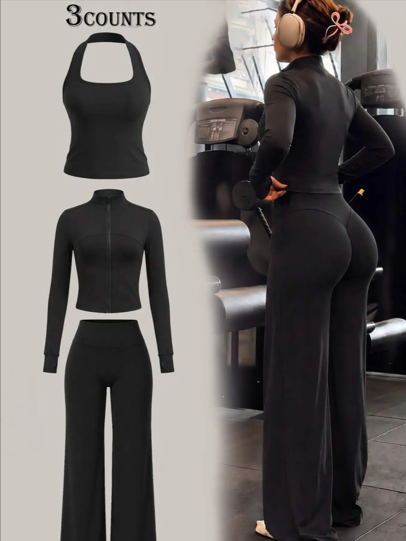 Women's Yoga 3-Piece Set, Quick-Dry Sports Wear, Gym and Daily Use, Zipper Long Sleeve Jacket + Neckline Sport Top + High Waist Wide Leg Pants, Gym Workout Set