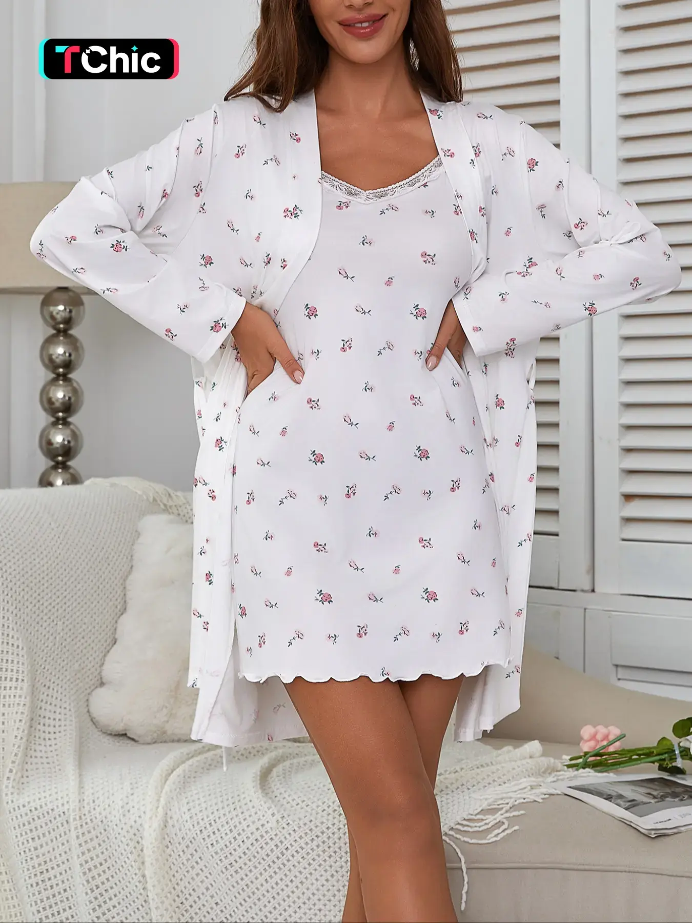 Women's Ditsy Floral Print Long Sleeve Robe Set with Lace Strap Dress, Feminine Elegant Comfortable Sleepwear, Casual Home Wear, Loungewear, All Seasons, Fitted Style, Elegance, Everyday, Loungewear Nightdress, Sleepwear Outfit