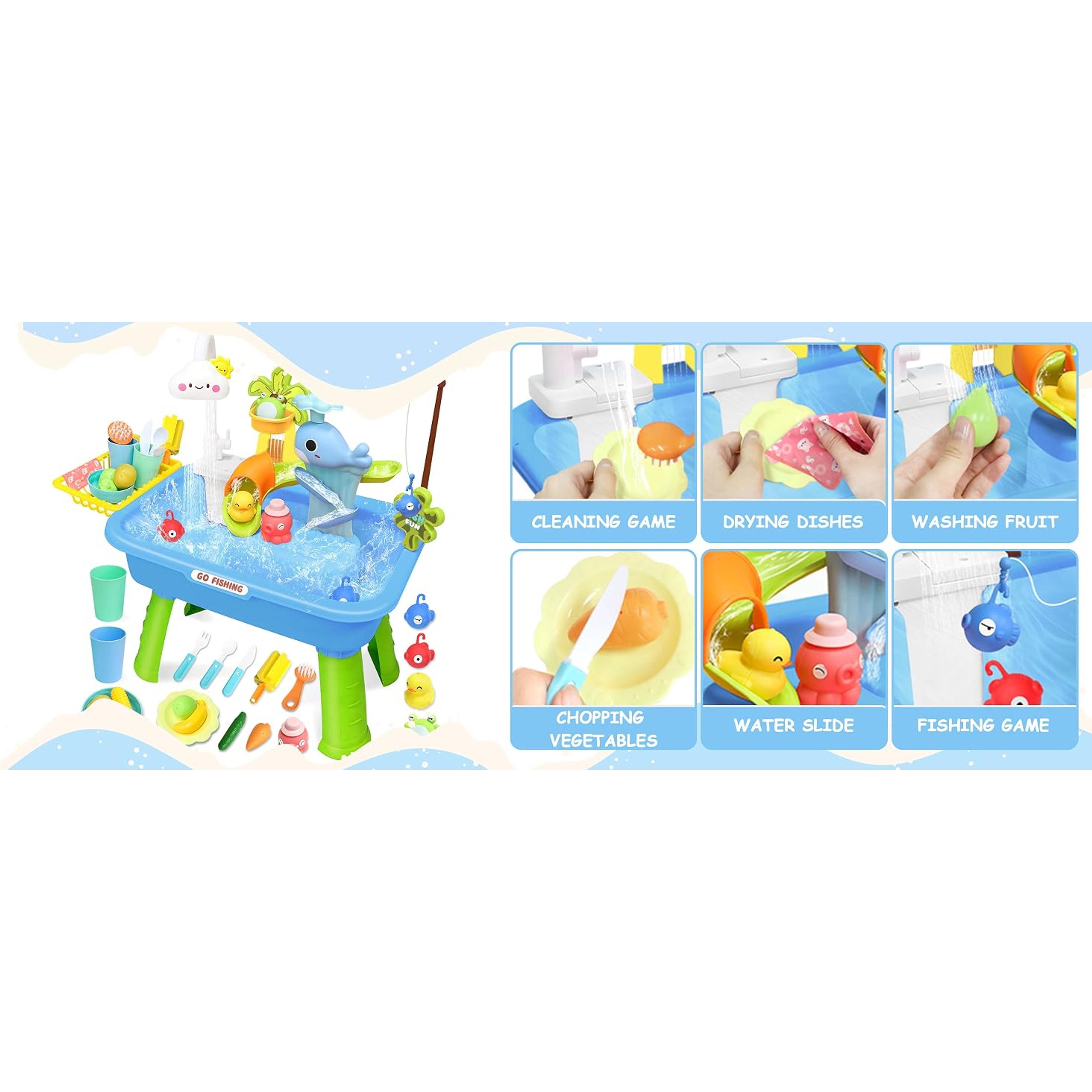 4-in-1 Electric Water Table for Toddlers 1-5, Kids Play Sink with Running Water & Cloud Faucet, Sensory Toddler Water Activity Table with Fishing Game, Outdoor/Indoor Toy Gift for Boys & Girls