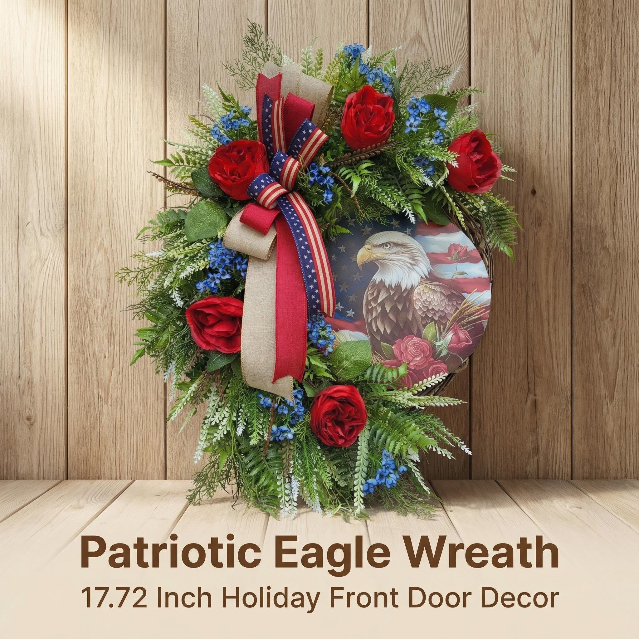 Patriotic Bald Eagle Wreath, Independence Day Memorial Decoration, Rose American Flag Wreath, Rustic Door Hanging, Indoor Outdoor Decor