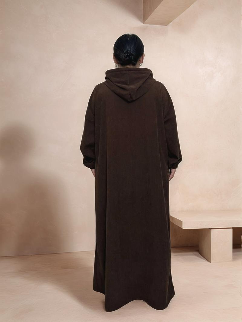 Women's Solid Drawstring Hooded Corduroy Dress, Casual Long Sleeve Dress for Fall & Winter, Women's Islamic Clothing for Daily Wear, Modesty Muslim Clothing