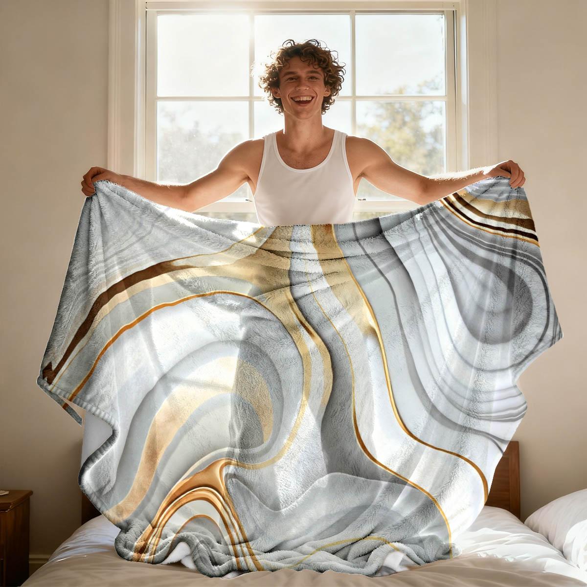 and Gold Marble Pattern Flannel Blanket, Soft and Cozy, Breathable and Warm, Sofa and Bedroom Decor, Gift for Holidays