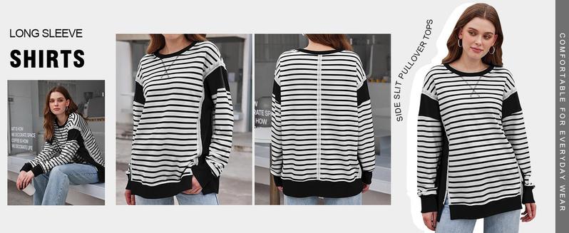 Imily Bela Womens Striped Oversize T-Shirt Casual Half Sleeve Color Block Tunic Summer Crew Neck Tee Tops