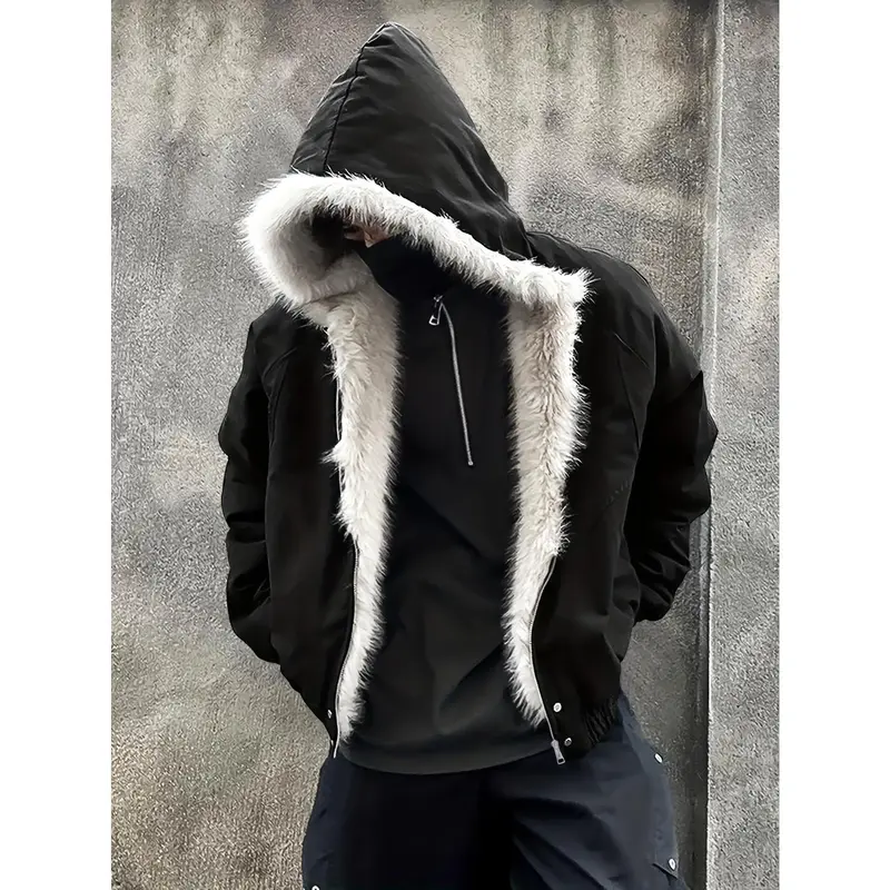 Men's Hooded Puffer Coat - Plain Menswear Male Clothing, Long Sleeve, Full Zip, Faux Fur Collar, Winter Warm Filled, Cold-Ready Hood (Shields Ears & Neck), Beige/Black, Hand Wash Only, Tops, XL Available