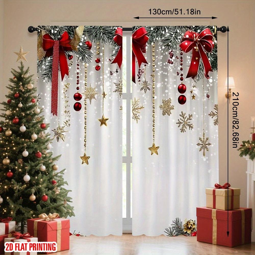 Christmas Theme 2pcs HD Digital Print Bow Bell Curtains, Polyester Material, Semi-Transparent Privacy Protection, Hand Washable, Window Curtain