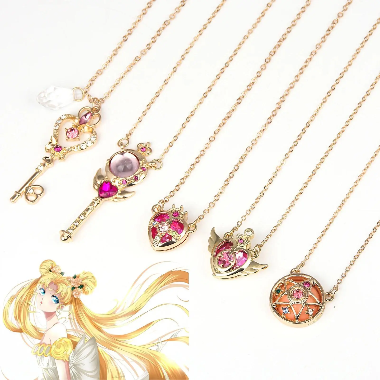 5PCS/SET Anime Cute Moon Tsukino Usagi Necklace for Women Girl Cartoon Enamel Magic Necklace Aino Minako Cosplay Jewelry Gifts