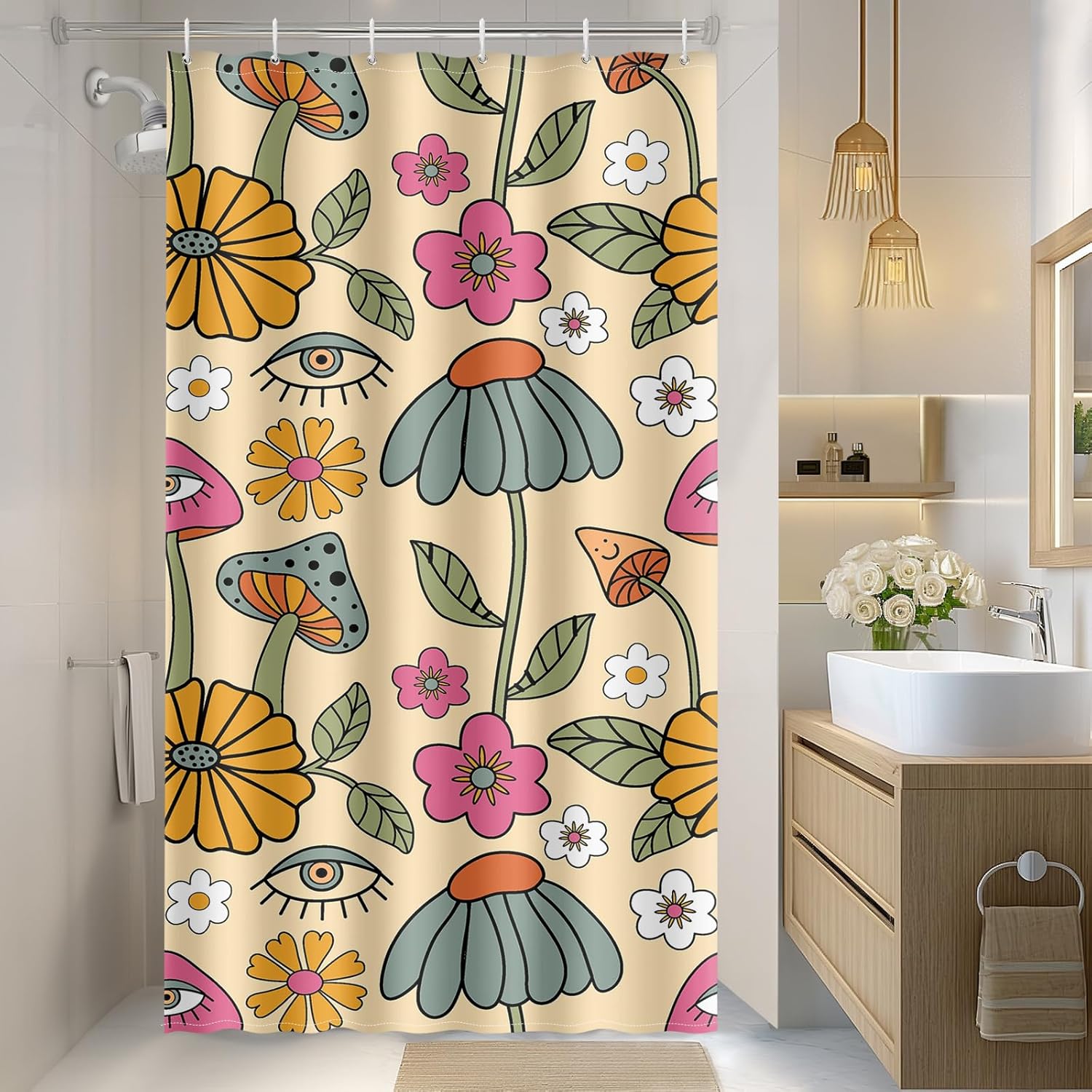 Vintage Dark Cottagecore Mushroom Shower Curtain - Retro Botanical Wildflower Print, Waterproof Fabric Curtain with 12 Hooks | Whimsical Gothic Bathroom Decor #showercurtain #mushroom #cottagecore #vintage #botanical #waterproofcurtain  #gothicdecor