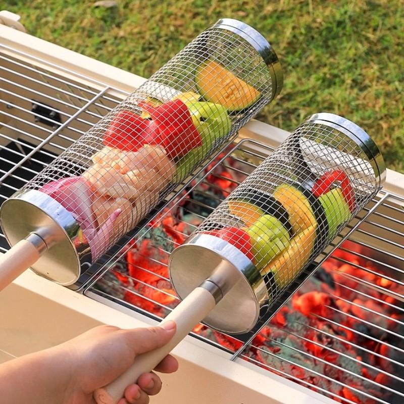 Upgrade BBQ Grill Basket, Portable Outdoor BBQ Net, Rotating Round Grill Tube, Ideal for Camping & Picnics, Durable Design
