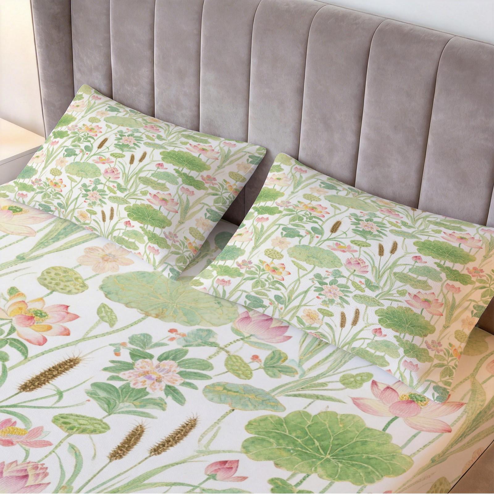 3 Piece Watercolor Lotus Pond Fitted Sheet Set, HD Digital Printed Deep Pocket Bed Sheet, Soft Breathable Bedding Set with Pillowcases (No Insert) for Bedroom Home Decor