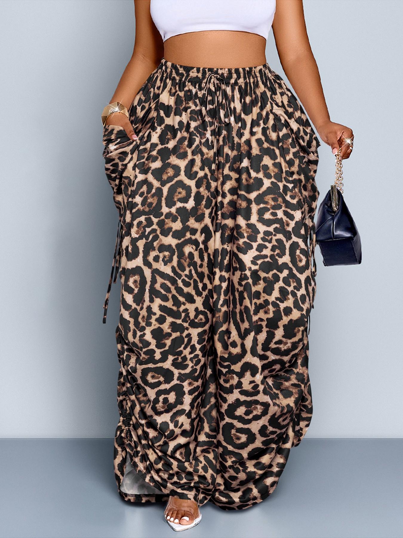 Women's Plus Size Leopard Print Wide Leg Pants, High Waist Elastic Waist Adjustable, Loose-Fitting Long Pants, Casual All Seasons Fashion