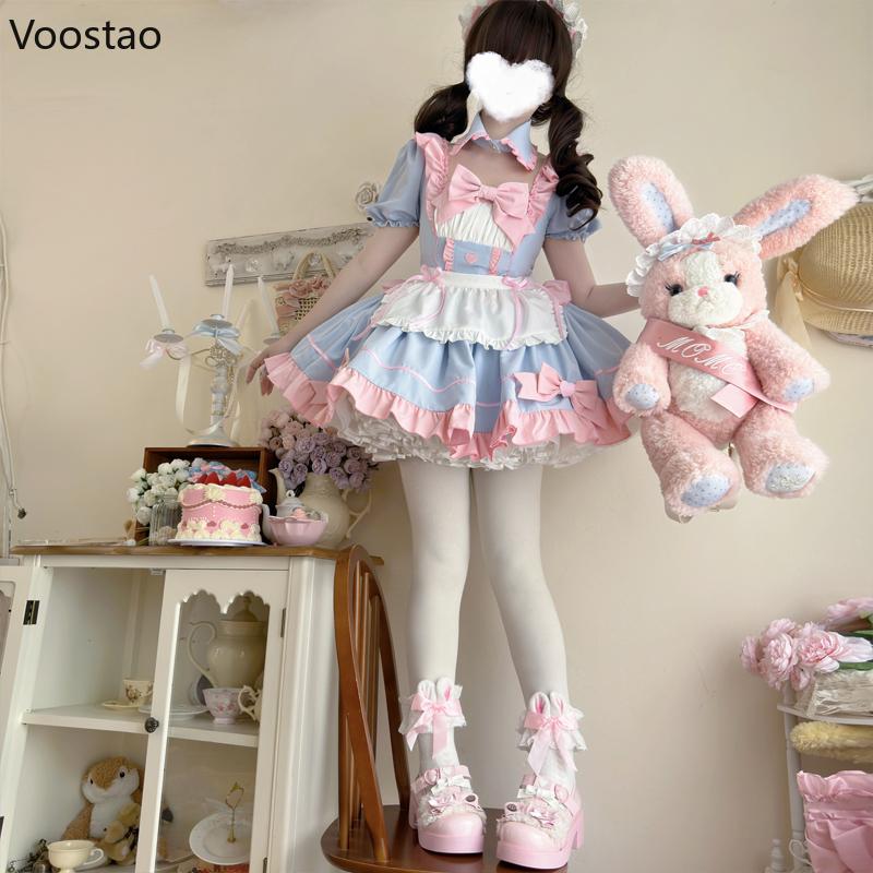 Women's Anime Lolita Maid Dress Set - Sweet Puff Sleeve with Bow, Apron Included, Gothic Clothes for Halloween Cosplay Party, Lady Fashion Accessories