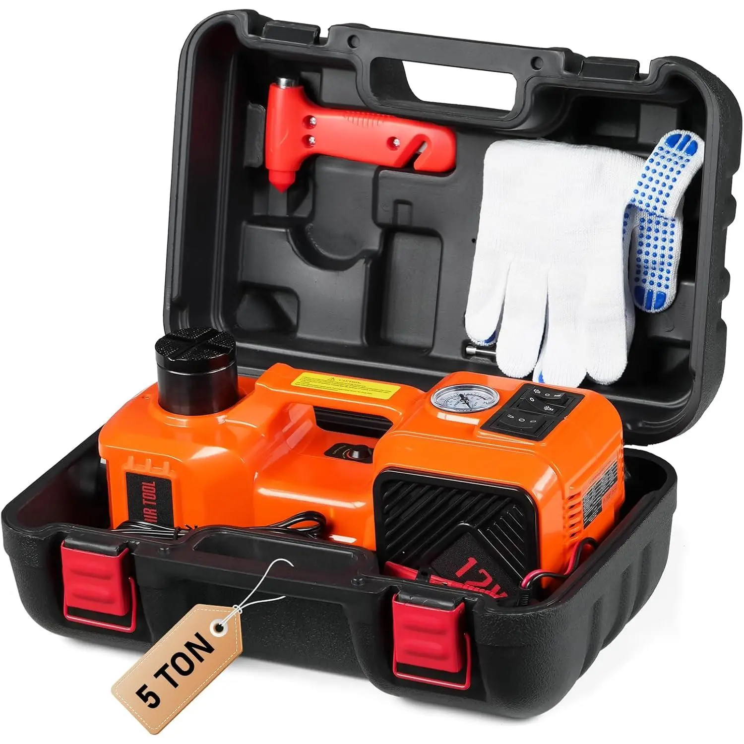 Karlhome Electric Car Jack Kit, 5 Ton Floor Jack Portable Hydraulic Car Jack, Lifting Range 6 to 17.7 inch with Hammer and Tire Inflator Pump for SUV MPV Sedan Truck Change Tires Garage Repair 12V