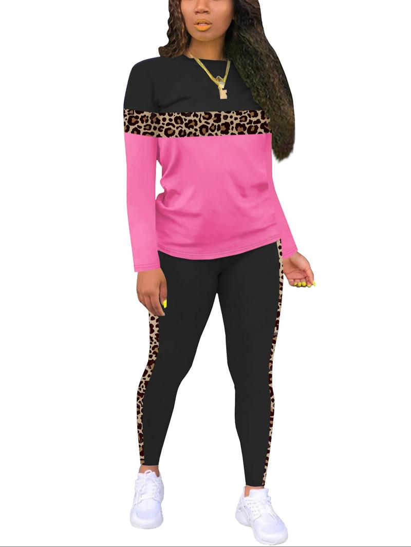 Women's Fall Winter Long Sleeve Pants Set, Leopard Patchwork Solid Color Casual, Home Party Leisure Wear, 2 Piece Set